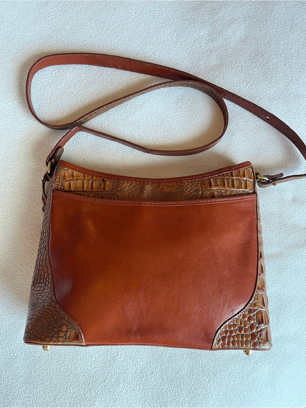 Brahmin Glossy Brown Leather Crossbody Bag with Croc-Textured Accents